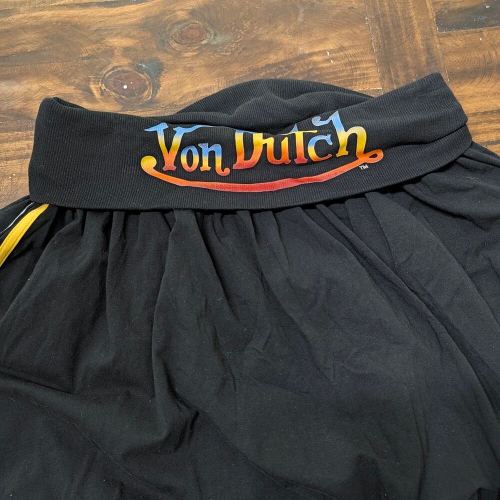 Von Dutch Y2K Foldover Waistband Striped Pleated Mini Skirt Black L
